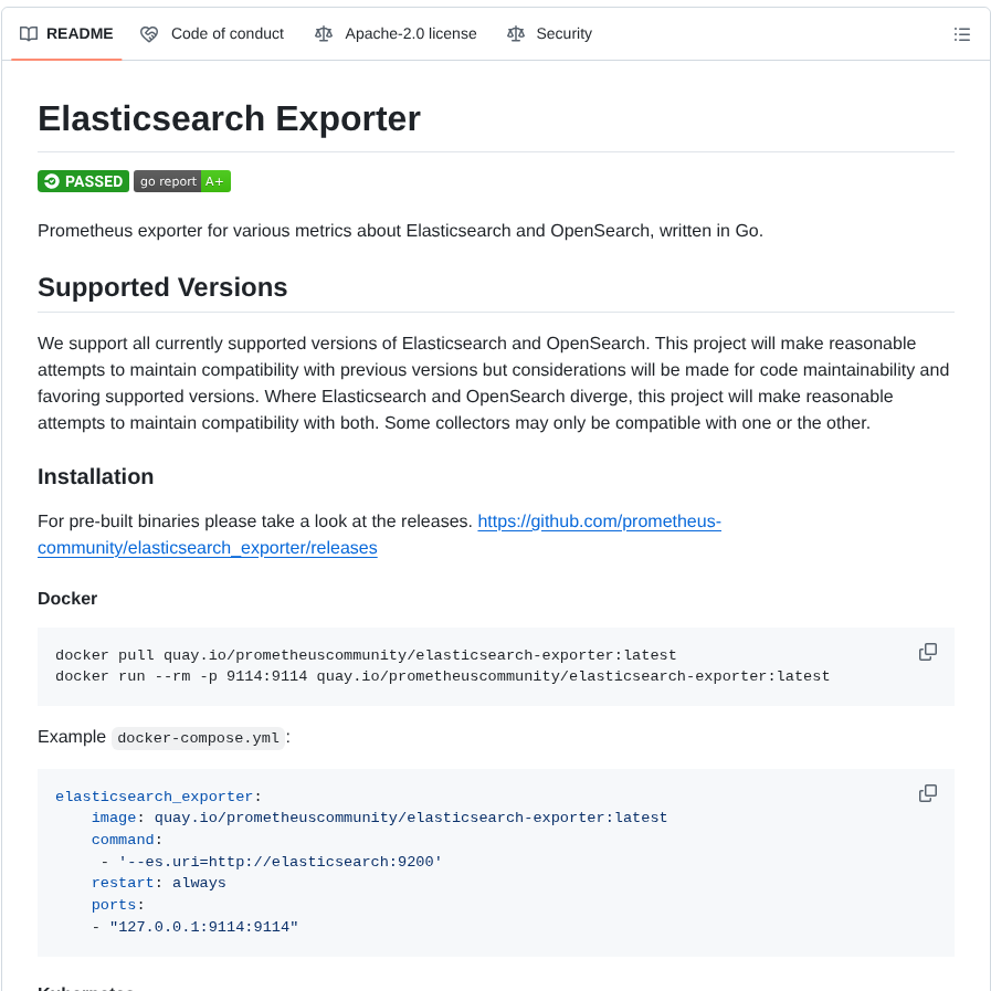 Prometheus Community Elasticsearch_exporter screenshot