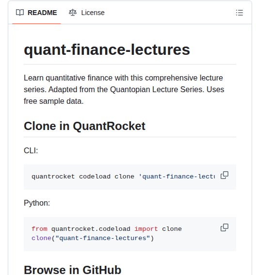 Quantrocket Codeload Quant Finance Lectures screenshot