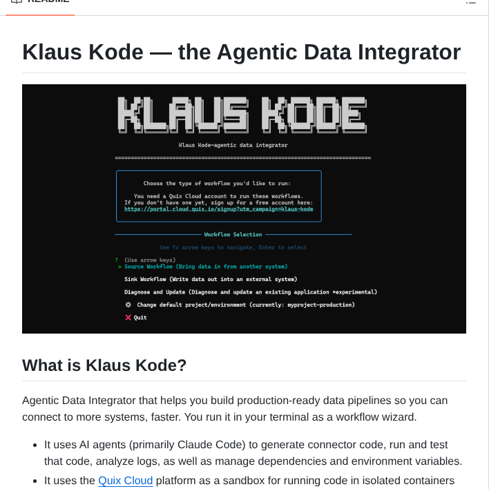 Quixio Klaus Kode Agentic Integrator screenshot