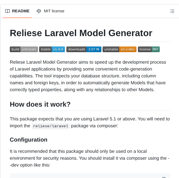 Reliese Laravel screenshot