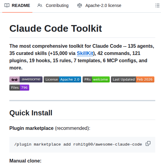 Rohitg00 Awesome Claude Code Toolkit screenshot