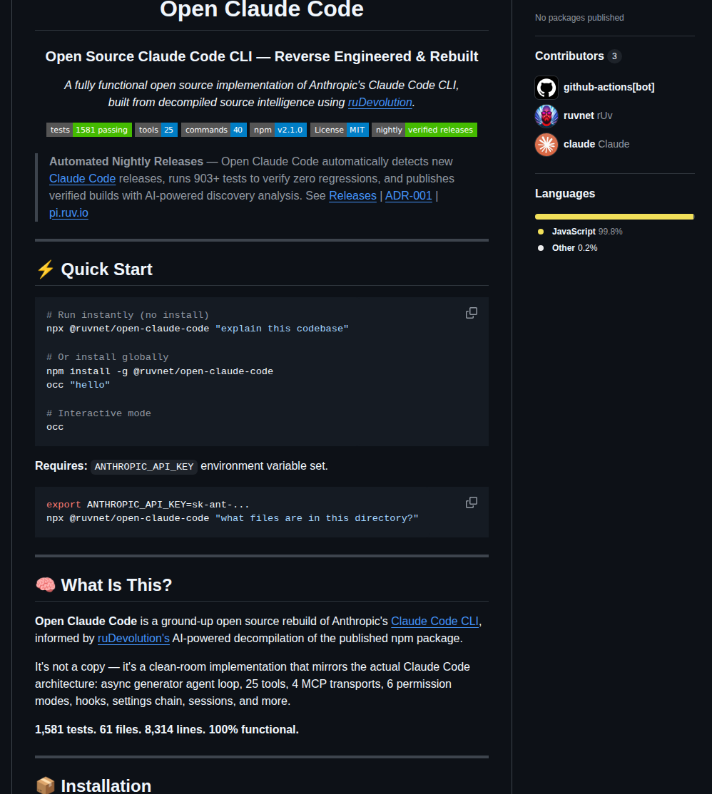 Ruvnet Open Claude Code screenshot