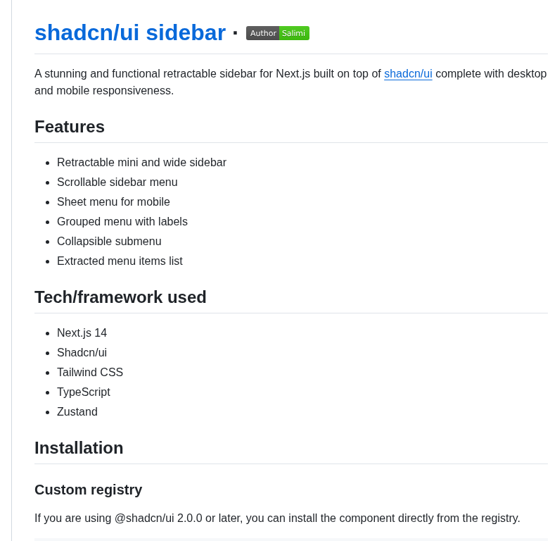 Salimi My Shadcn Ui Sidebar screenshot
