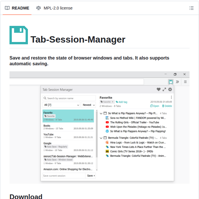 Sienori Tab Session Manager screenshot