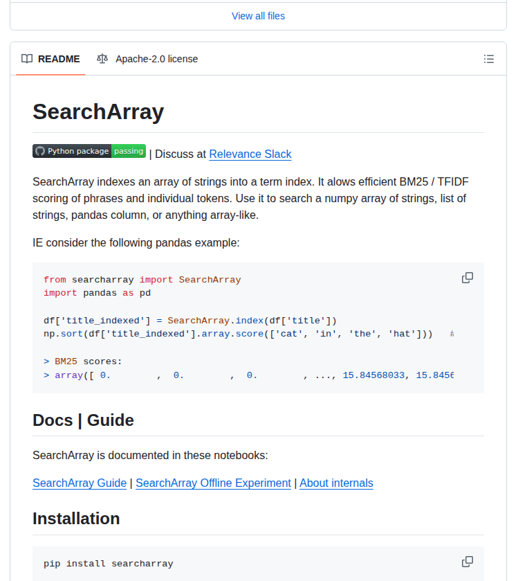 Softwaredoug Searcharray screenshot