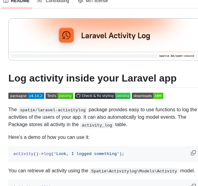Spatie Laravel Activitylog screenshot