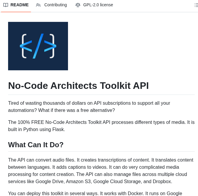 Stephengpope No Code Architects Toolkit screenshot