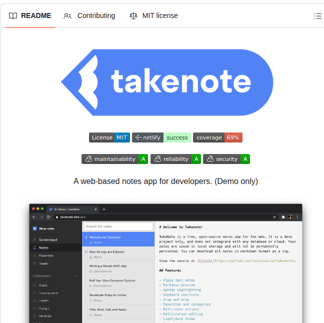 Taniarascia Takenote screenshot
