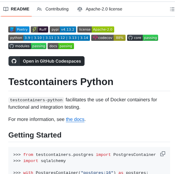 Testcontainers Testcontainers Python screenshot