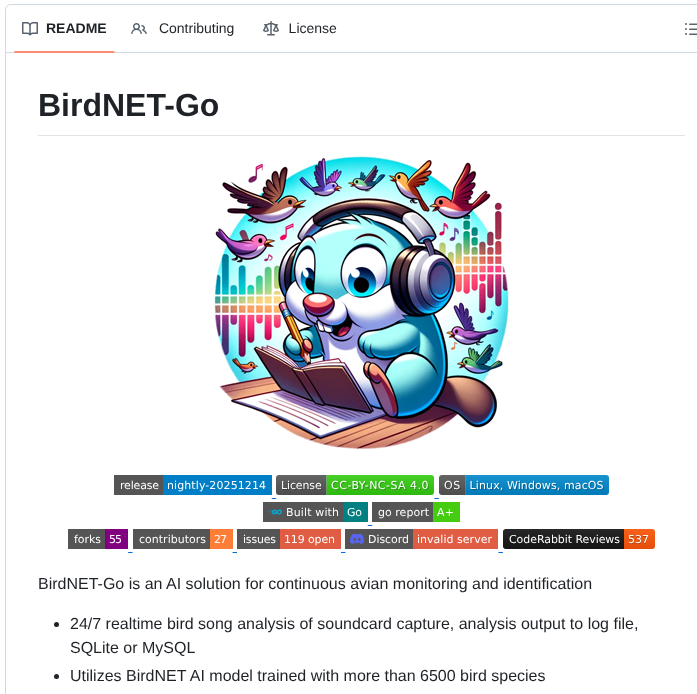 Tphakala Birdnet Go screenshot