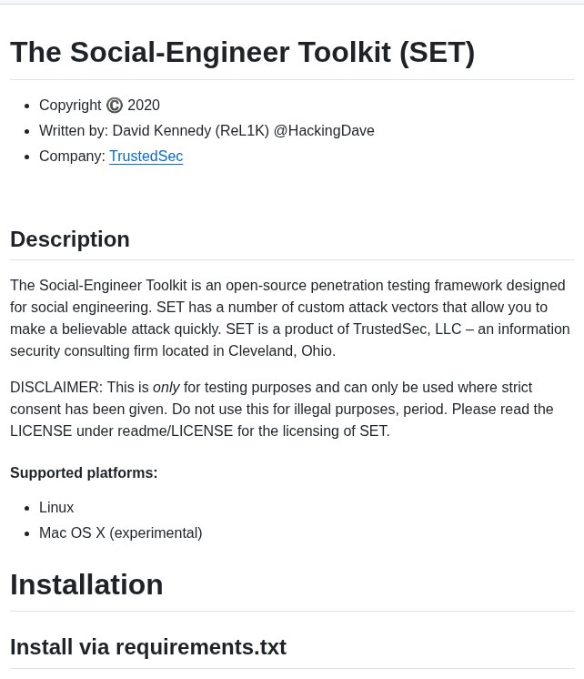Trustedsec Social Engineer Toolkit screenshot
