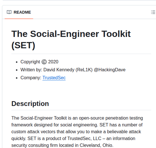 Trustedsec Social Engineer Toolkit screenshot
