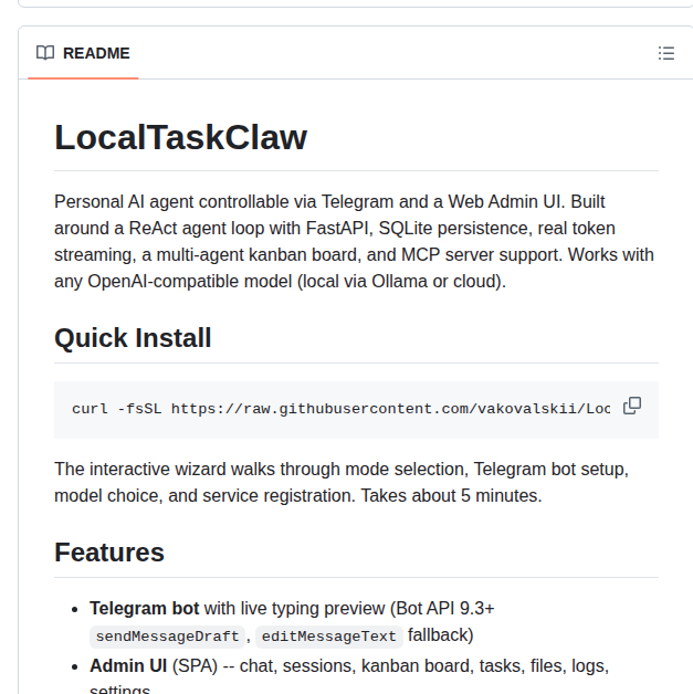 Vakovalskii Localtaskclaw screenshot