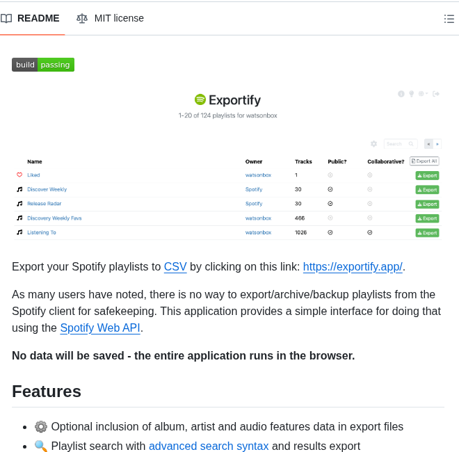 Watsonbox Exportify screenshot