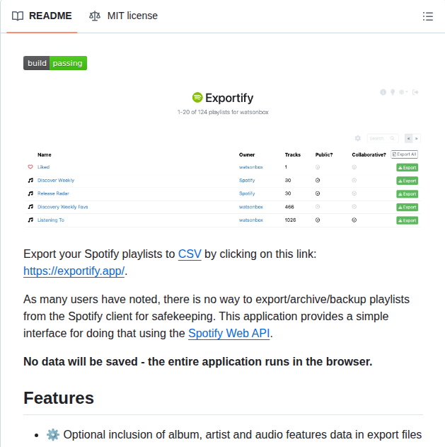 Watsonbox Exportify screenshot