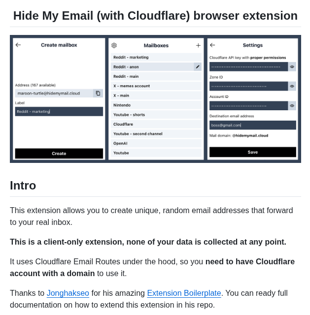 Webmonch Hide My Mail Cloudflare screenshot