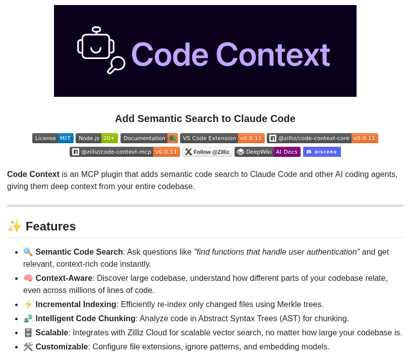 Zilliztech Code Context screenshot